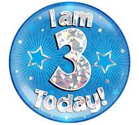 OAKTREE UK 633353 6" Jumbo Badge I am 3 Today Blue Holographic Cracked Ice