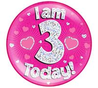 6" Jumbo Badge I am 3 Today Pink Holographic Dot