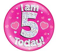 6" Jumbo Badge I am 5 Today Pink Holographic Dot