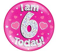 6" Jumbo Badge I am 6 Today Pink Holographic Dot