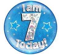 6" Jumbo Badge I am 7 Today Blue Holographic Cracked Ice