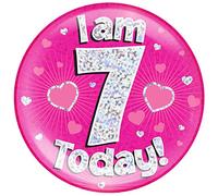 6" Jumbo Badge I am 7 Today Pink Holographic Dot