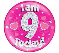 6" Jumbo Badge I am 9 Today Pink Holographic Dot