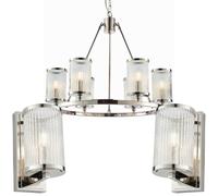 6 Lamp Ceiling & 2x Matching Wall Light Pack Bright Nickel & Ribbed Glass Shade