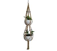 6 Legs Macrame Natural Jute Double Plant Hanger & Holder with Metal Ring and 6 pcs Round Brown Wood Bead, 65-inches Length (Without the white pot and plant)