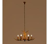 6-Light Antlers Chandelier with 7xBulbs, 19.69-55.12in Height Adjustable Pendant Light Antlers Retro Country Style Deer Horn Chandelier Lighting, Antler Lamp for Cafes Bars Kitchen [Energy Class