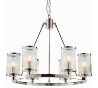 6 Light Chandelier Pendant Nickel Ribbed Glass Shade Hanging Ceiling Lamp Holder