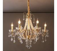 6 Light French Empire Crystal Chandelier Candle Pearl Art Deco For Foyer Entryway Staircase Antique Gold Ceiling Pendant Kitchen Island Living Room Bedroom Dining Table