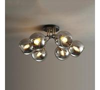 6 Lights Mid Century Decoration Home Clear Globe Semi Flush Mount Ceiling Light Fixture Black Gold Lighting Fixture Vintage Industrial Smoke Grey Glass Ceiling Lamp for Bedroom Kitchen