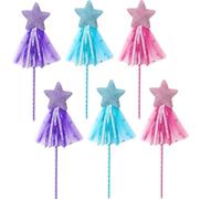 6 Magic Wands for Kids, Fairy Princess Star Wands with Glitter, Pink Purple Blue Polyester Wands, Dress Up Party Favors for Girls Ages 3-12, Birthday Halloween Christmas Costume Role Play Props