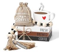 6 Mini Coffee Bar Accessories - Coffee Sign, Tiered Tray, Wooden Book Stacks, Rustic Farmhouse Table Sign