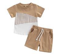6 Month Old Baby Boy Clothes Toddler Boys Round Neck Short Sleeve Striped Print Top And Solid Color Shorts With Pocket For Boys Summer Outfits UK 4-5 Years #1_Khaki