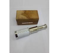 6" Nautical Handheld Pirate Brass Chrome Finish White Leather Telescope with Wooden Box,Toy Gift Rustic Vintage Home Decor Gifts