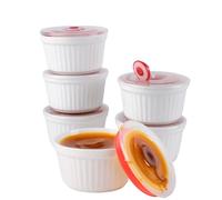 6 oz Ramekins with Covers, Souffle Dishes Set of 6, 9cm White Porcelain Creme Brulee Ramekins, Baking Cups for Pudding, Fruits, Dips, Dishwasher and Oven Safe (White)