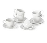 6 oz White Cappuccino Mug - Bone China Floral Ceramic Coffee Cup with Saucer - Microwave and Dishwasher Safe, Perfect For Tea, Espresso, Latte - Elegant Set for Kitchen or Cafe, Baristas, Great Gift