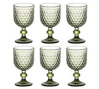 6 Pack 12oz Green Coloured Chunky Goblet Wine Water Glasses with Embossed Diamond Pattern, Thick Heavy Sturdy Vintage Stemmed Glassware for Home Kitchen Party Bar (Green)