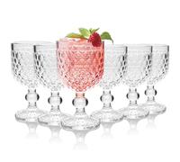 6 Pack 12oz Green Coloured Chunky Goblet Wine Water Glasses with Embossed Diamond Pattern, Thick Heavy Sturdy Vintage Stemmed Glassware for Home Kitchen Party Bar (Transparent)