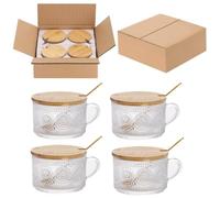 6 Pack 14oz Vintage Glass Coffee Mugs with Bamboo Lids and Spoons, Overnight Oats Container，Glass Coffee Cup, Iced Coffee Glasses，Coffee Gift Set，Gifts for Women，Gifts for Mum, Mother's Day Gift