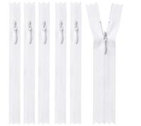 6 Pack 16cm White Invisible Zips for Sewing, Nylon Coil Zippers | Six white 16cm concealed nylon coil zips for cushions and crafts; measure the closed zip length before ordering