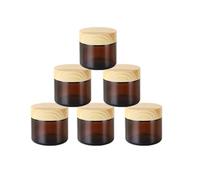 6 Pack 2 oz Amber Glass Cream Jar with Wood Grain Lids,60g Empty Refillable Cosmetic Containers Jar for Cream,Sample,Powder,Lotion,Body Butter,Ointments,Small Glass Jars Travel Containers