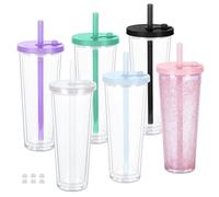 6 Pack 24Oz Snow Globe Tumblers, Double Wall Acrylic Pre Drilled Snow Globe Cup with Hole Stopper for Snowglobe Glitter DIY, Plastic Snowglobe Tumbler, Colorful Lids