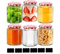 6 Pack 280ml Glass Jam Jars with Red Gingham Lids & Labels, Hexagonal Airtight Preserving Jars, Overnight Oats Jar, Clear Glass Storage Jars for Jam, Pickles, Chutney, Honey, Coffee & Bulk Foods