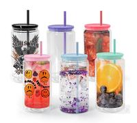 6 Pack 473ML Sublimation Glass Cups Blanks, Transparent Double Wall Cans, Snow Globe Glass Beer Drinking Cups with Colored Plastic Lid & Straw, Coffee Cup for Juice