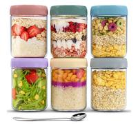 6-Pack 480ml Glass Breakfast Jars with Airtight Leakproof Lids & 6 Stainless Steel Spoons - BPA-Free Mason Jars for Overnight Oats, Yogurt, Smoothies, Porridge & Healthy On-the-Go Snacks