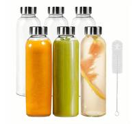 6 Pack 500ml Empty Glass Water Bottle, Leak-Proof with Sealable Lid & Free Brush for Juicing, Hot & Cold Drinks, Shakes, Smoothie, Coffee, Reusable Drinking Bottle for Work, Gym, Home