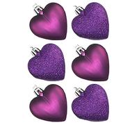 6 Pack 50mm Glitter/Plain Hearts Christmas Decoration - Purple
