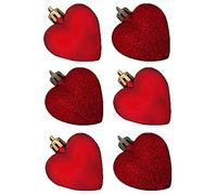 6 Pack 50mm Glitter / Plain Hearts Christmas Decoration - Red 8414