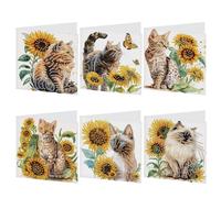 6 Pack 5D Diamond Painting Greeting Cards with Envelopes, Laser Effect DIY Cat & Sunflower Pattern Diamond Art Greeting Card Kits, Crystal Rhinestone Postcards for Birthday, Thank You, and Gifts