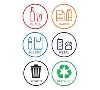 6 Pack 6" Glass, Paper, Plastic, Metal, Trash, Recycle Sign Stickers - Self-Adhesive Vinyl Decal Recycle Logos - Eco-Friendly Trash Can Signs - 6" - Indoor & Outdoor Use - Waterproof & UV Protected