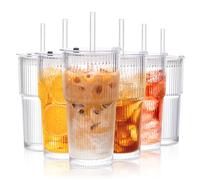 6-Pack 600ml Ribbed Glass Tumblers with Leakproof Lids & Straws - Lead-Free Premium Glass Set for Iced Coffee, Smoothies & Juice, Dishwasher Safe, Ideal for Home/Office/Parties/Car & Present (6)