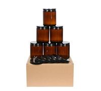 6 pack 8oz Amber rotundity Glass Jars and Plastic & Black Metal Lids, Refillable thick Glass Jars For Candle, Spice, Powder, Liquid, Sample Makeup. (8oz Amber)