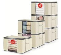 6 Pack 90L Storage Bags, Large Clothes Storage Bags with Zips Durable Handles Thick Fabric for Clothes, Bedding, Blankets, Comforters and Toys (Beige)