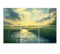 6 Pack Acoustic Foam Panels Sound Proofing Panels Green Field Grass Birds Golden Sunset Sky Flowing River Tall Acoustic Wall Panel Soundproofing for Livingroom Nursery Room 72"x48" Home Decor