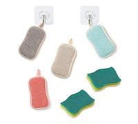 6 Pack Antibacterial Microfiber Dual Action scrubbing Sponge Kitchen Washing Up Cleaner Pads Scrubs Sponges Wash Pad Cloth Non-Stick Pans Non-Scratch with 2pcs Adhesive Hooks