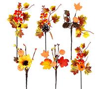 6 Pack Artificial Maple Leaves Branches Fall Floral Picks Autumn Pumpkin Berry Twig Stem with Pinecone for Thanksgiving Harvest Day Decoration DIY Floral Arrangements