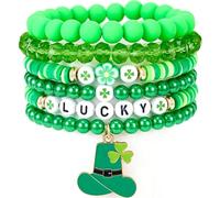 6 Pack Beaded Bracelets Set St. Patrick's Day Charm Stretch Bracelet Hat Green Leaf Golden Beads Stackable Bracelets for Women Irish Handmade Lucky Shamrock Party Holiday Unique Jewelry Gift Accessory