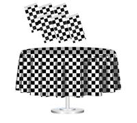 6 Pack Black and White Round Checkered Tablecloth 84 ×84 Checkered Table Cover Disposable Tablecloth for Round Tables Race Car Theme Party Birthday Picnic Camping Checkered Round Plastic Table Cloth