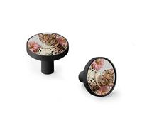 6 Pack Black Drawer Pulls & Wall Hooks, Unqine Handles for Cabinet Wardrobe, Leopard Pearls Pink Blooms Design, Zinc Alloy Kitchen Bathroom Home Decor Hardware