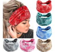 6 Pack Boho Flower Print Headbands for Women Wide Twist Knotted Head Bands Elastic Non-Slip Hair Bands Vintage Head Wraps Turbans Yoga Workout Hair Accessories