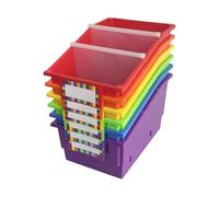 6 Pack Book Library Bins with Dividers, Plastic Shelf Bin Organizer for Classroom Library, Book, Documents, Files, Magazines (Rainbow)