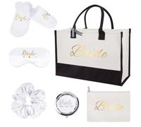 6 Pack Bride to Be Gifts Include Large Bride Tote Bag Slippers Hair Scrunchie Makeup Mirror Silk Sleep Eye Mask Makeup Bag, Bridal Shower Gifts for Wedding Hen Party