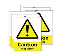 6-Pack "Caution Hot Water" Vinyl Sticker Signs - Weatherproof, Sun Resistant, Durable Safety Decals - Size 110mm x 90mm - For restaurants, bars and commercial Kitchens