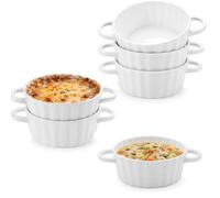 6 Pack Ceramic Ramekins with Handles, 300ml White Souffle Dishes, 12.7cm | White Porcelain Ramekins, Brulee Dish for Small Cakes, Pudding, Muffin, Ice Cream, Sauce and Dips, Oven & Dishwasher Safe