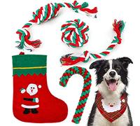 6 Pack Christmas Dog Toys Kit Santa Dog Bandana Sock Puppy Rope Toys Candy Cane Ball Cotton Knot Chew Toy for Small Puppy Pet Gift Accessories Teaching Teeth Cleaning Supplies, Red and Green