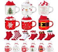 6 Pack Christmas Mug Set 12oz with Fuzzy Socks Bags, Classic, Red | Enamel Coffee Cups with Festive Designs, Gift Bags Ribbon for Party Favors, Cozy Slipper Socks for Women Coworkers