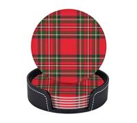 6 Pack Christmas Red Plaid Tartan Leather Coasters for Drinks with Holder Sets - New Year Cute Heat Resistant Drink Table Cup Coasters for Kitchen Dining Cafe Winter Decor,Round